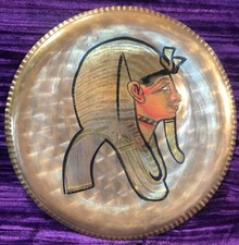 Egyptian royalty head etched/colored on hang-able 7 5/8" diameter brass "plate"