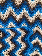 NEW HANDMADE crocheted afghan VStitch throw Blue Tan Wh Brn Approx 60x41