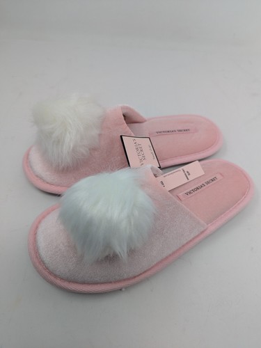 Victoria's Secret Slippers Size 5/6 Pink & White Pom Pom Comfy Slip On, New - Bild 3 von 5
