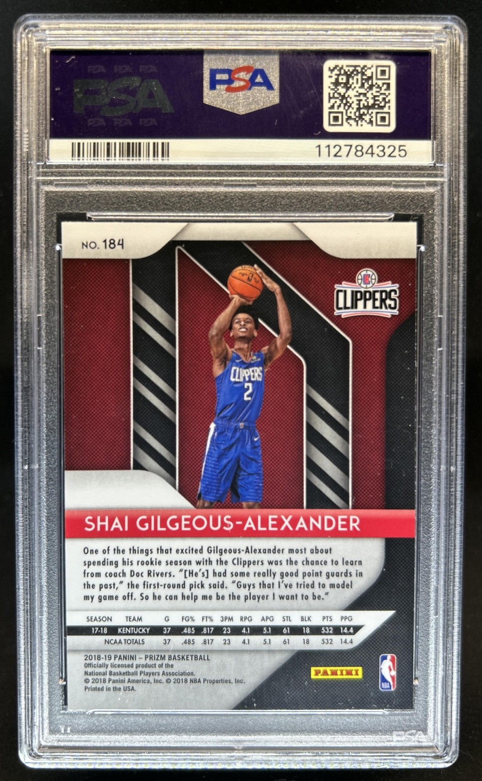 2018-19 Panini Prizm Shai Gilgeous-Alexander Rookie RC #184 Clippers PSA 10 view 2