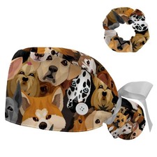 Adjustable Dogs Collection Multi Animal Women Bouffant Cap with Buttons Scrub...