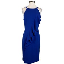 Vince Camuto Women's Cocktail Dress Size 14 Blue Sleeveless Ruffled Sheath