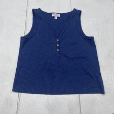 MoCo Boutique Shirt Womens Small Blue Ribbed Knit Henley Tank Top Sleeveless