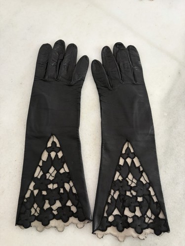 VTG 12" LONG BLACK KID LEATHER GLOVES FLORAL CUT OUTS SZ Small ITALY GOTH DOMME