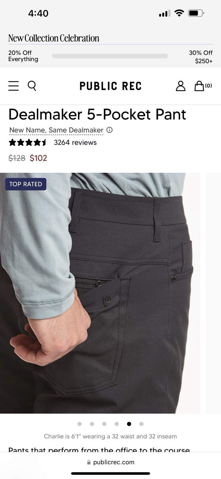 Public Rec Dealmaker 5 Pocket Work Pants Mens 36x28 Stretch Slim Straight Navy