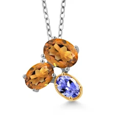 925 Silver and 10K Yellow Gold Orange Red Madeira Citrine and Tanzanite Pendant