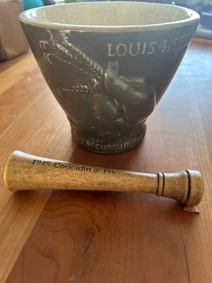Vtg Schering Louis Hebert Ceramic Mortar & Wood Pestle Apothecary Pharma 1969