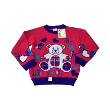 Vintage 90s Teddy Bear Holiday Hearts Sweater Girls Size 6X Pink Blue Nwt