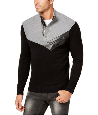I-N-C Mens Four-Snap Faux-Leather Trim Pullover Sweater, Grey, X-Small