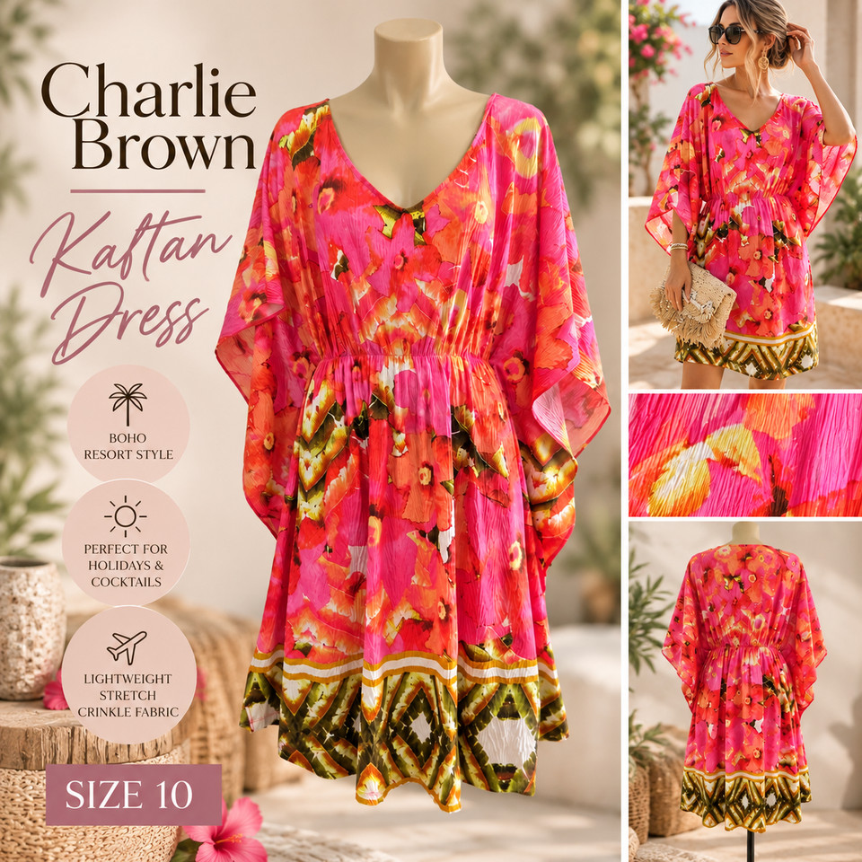 Charlie Brown Pink Floral Kaftan Dress Size 10 Boho Resort Party Short Sleeve