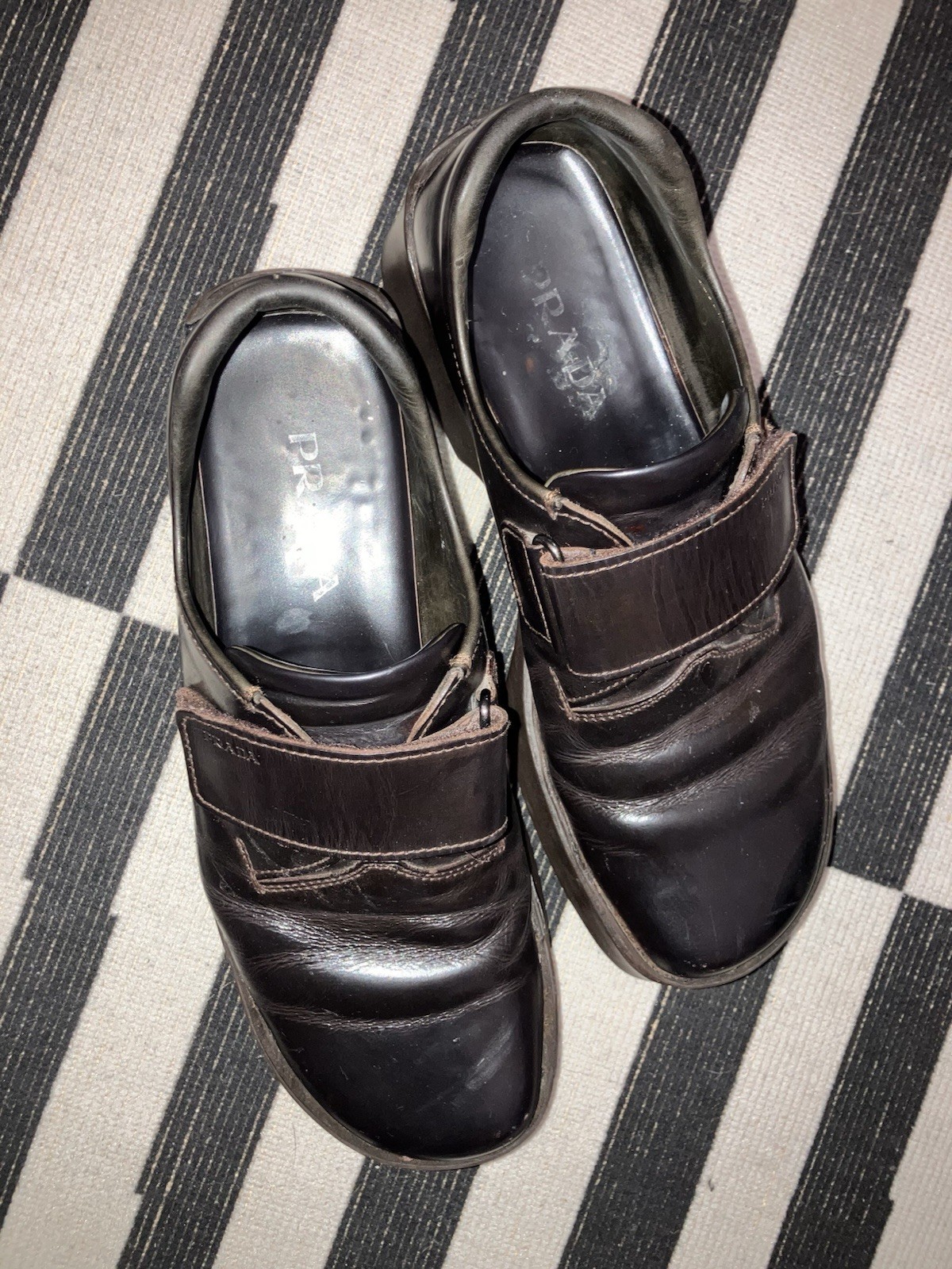 PRADA Brown Leather Hook & Loop Round Toe Men's C… - image 2