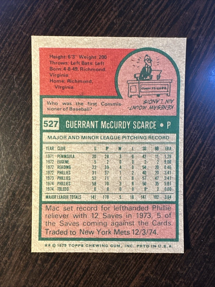 1975 TOPPS MINI #527 MAC SCARCE PHILADELPHIA PHILLIES NM *Hot Corner Vintage* - Image 2 of 2