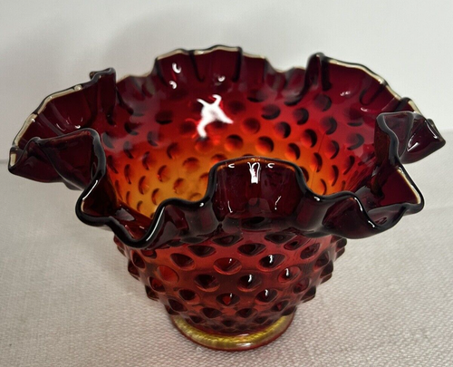 Fenton Amberina Ruby Red Hobnail Rose Bowl Vase Crimped Ruffled 4” UV Reactive - Picture 2 of 18