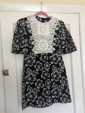 ZARA Black & White Mini Dress Cotton Floral Crochet Bib Front Dress XS BNWT