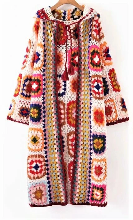 Cárdigan Crochet Granny Cuadrado Hecho a Mano Tejido Largo Arco Iris Cárdigan con Capucha Boho Foto 3 de 4