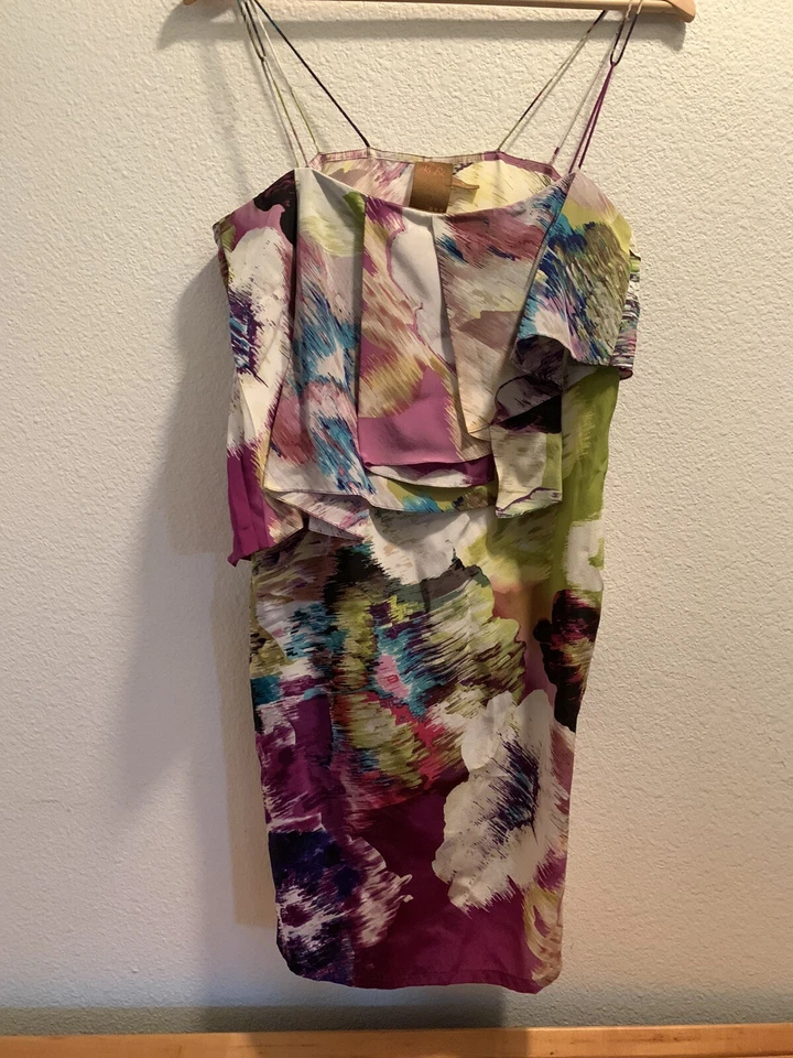 Vestido Ali Ro colorido 100 % seda correa espagueti talla 12 volante delantero cremallera lateral Foto 3 de 4