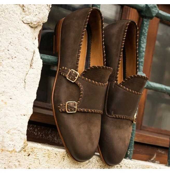 New Handmade Dark Brown Suede Formal Buckle Style Loafers  display picture 1