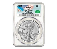 2024 1 oz Silver Eagle CAC MS 70 First Delivery Signed Paul Nugget