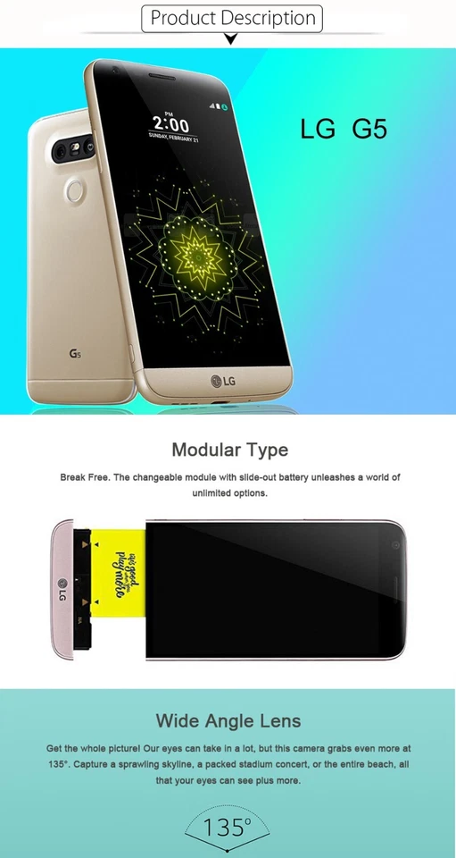 Unlocked LG G5 H850 H820 4GB+32GB 16MP Fingerprint GSM LTE 4G 5.3in Smartphone - Image 3 of 4