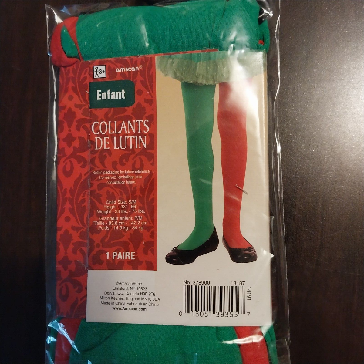 1 pr Elf Tights Green Leg / Red Leg Child Size S / M up to 75lbs