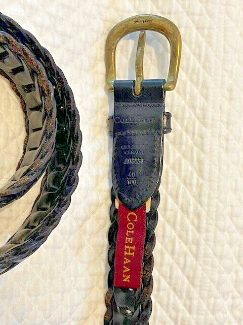 COLE HAAN Braided Leather Belt Black Brass Buckle Size 40  display picture 2