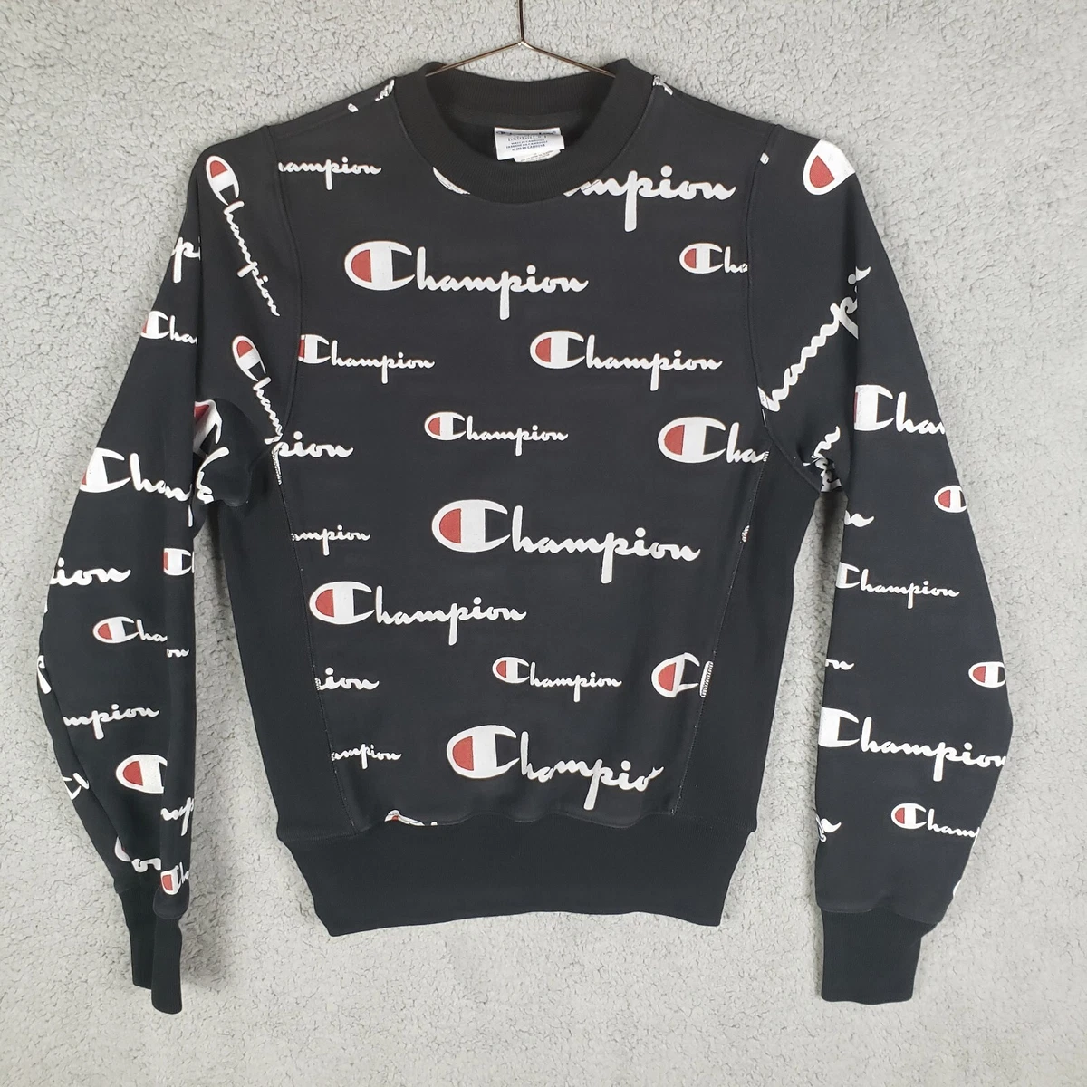 Champion Men s Black Reverse Weave Sweatshirt All Over Print Sz XS