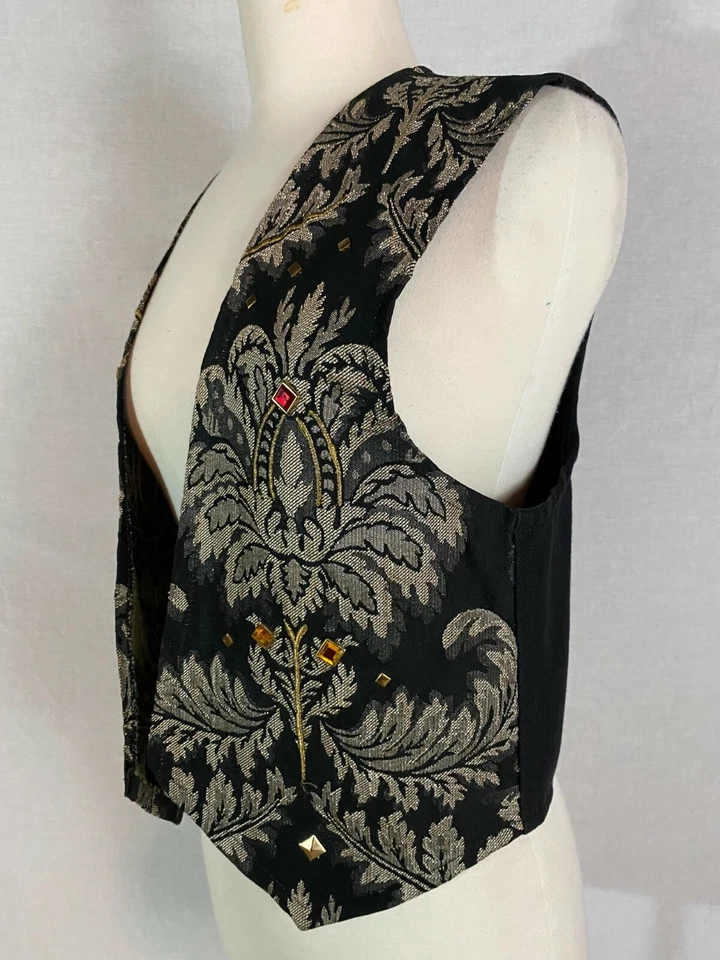 Chaleco Top Azul Cuerpo Años 80 De Colección Abierto Negro Gris Adornado Joyas Imitadas Discoteca S/M EE. UU. Foto 2 de 4