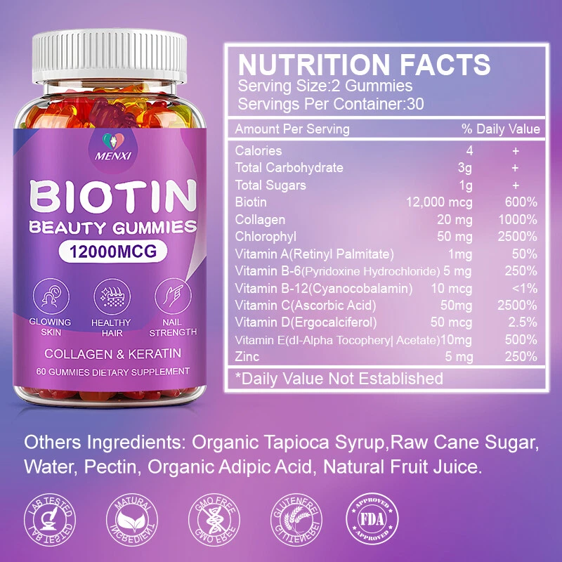 3 Pack Vitamatic Biotin Gummies 12000 mcg for Stronger Hair Skin Nails 60 Vegan - Image 2 of 4