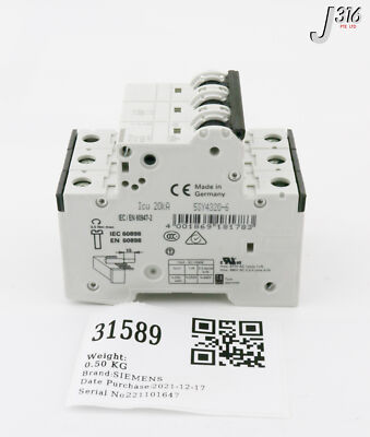 31589 SIEMENS 3-POLE CIRCUIT BREAKER, 400V 20A (NEW) 5SY4320-6 | eBay