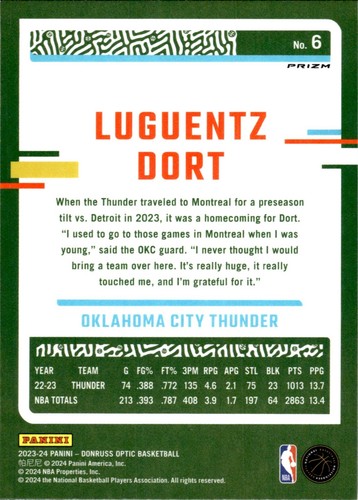2023-24 Panini Donruss Optic - Luguentz Dort #6 Purple Shock Prizm - Picture 2 of 2