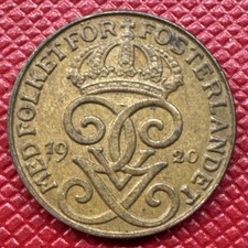Sweden 1920 Bronze 1 Ore. Gustaf V. High Grade. KM# 777.2