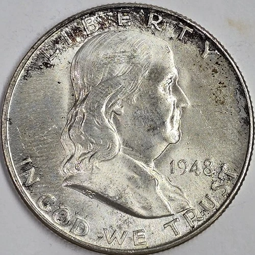 Toned 1948 D 90% Silver Franklin Half Dollar UNC
