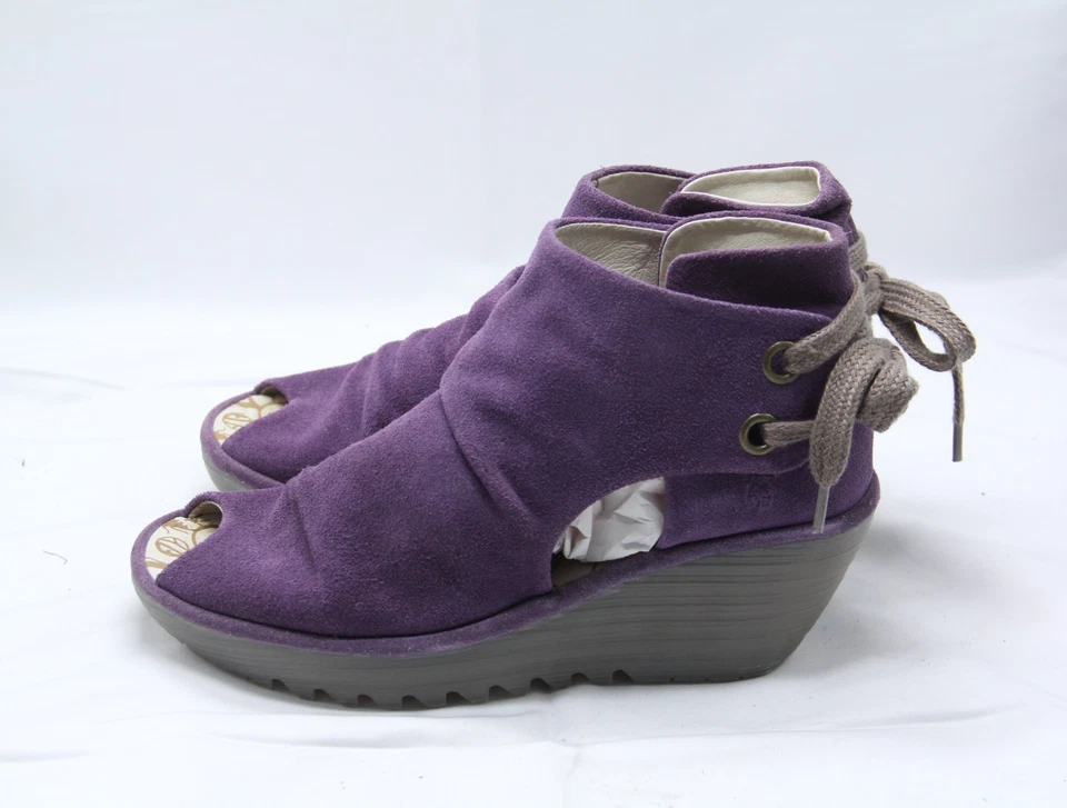 Fly London Yema 露趾楔形女式 40 码美国 9-9.5 紫色系带鞋波西米亚 — 第 3/4 张图片