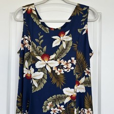 Two Palms Made in Hawaii Orchid Navy Sleeveless Midi Dress Sz L Tie Back Rayon