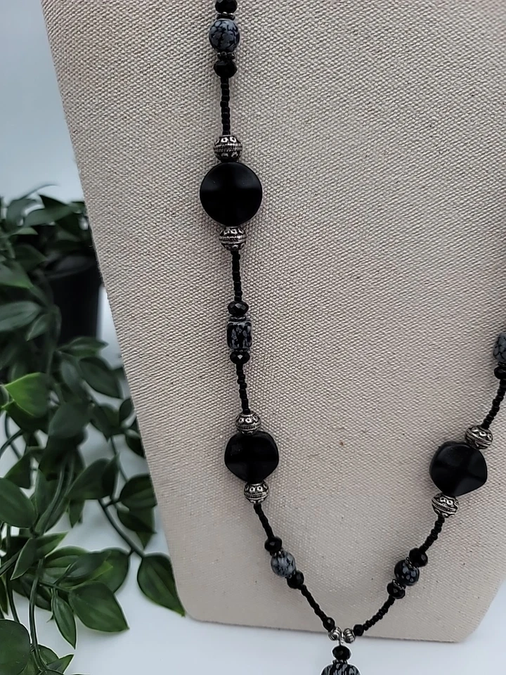 Collar de Obsidiana Copo de Nieve 26" y Pendientes 1.5" Conjunto de Joyería con Cuentas Foto 4 de 4