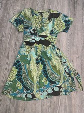 100% Silk Mod Lime Green Teal Blue And Brown Banana Republic Paisley Wrap Dress