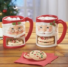 Santa & Mrs. Claus Face Mug Christmas Set 2 Figural Ceramic Cocoa & Cookie Slot