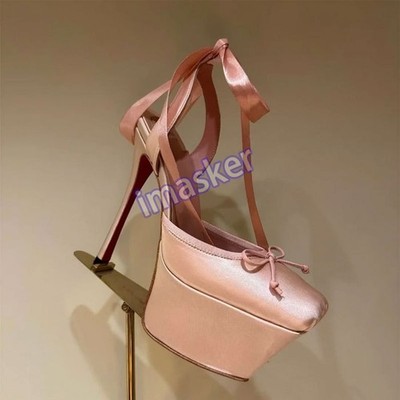 Womens Square Toes New Fashion Satin Thin Heel Ballet Bow High Heels 