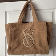 Victoria's Secret Tote Bag Large Cozy Plush Fleece Brown Sherpa Snap Close NWOT