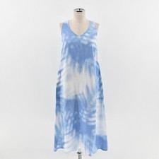 J Jill Love Linen Midi Dress Size XS ALine Breeze Abstract Palm Leaf Blue White