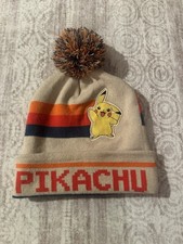 Pokemon Pikachu Beanie Toque Youth One Size Beige Knit Embroidered Anime Pom