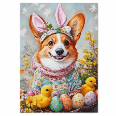 Corgi in Festive Easter Outfit on Flat Rolled, Framed or Wrapped Canvas