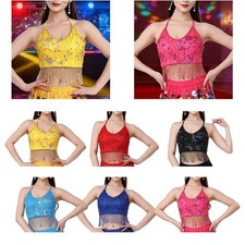 Belly Dance Tassel Crop Top Women's Glitter Top Halter Neck Backless Camisole
