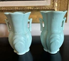 Antique Set Of 2 Haeger Vases Art Deco Matte Aqua 6” Original Green Tag 1933