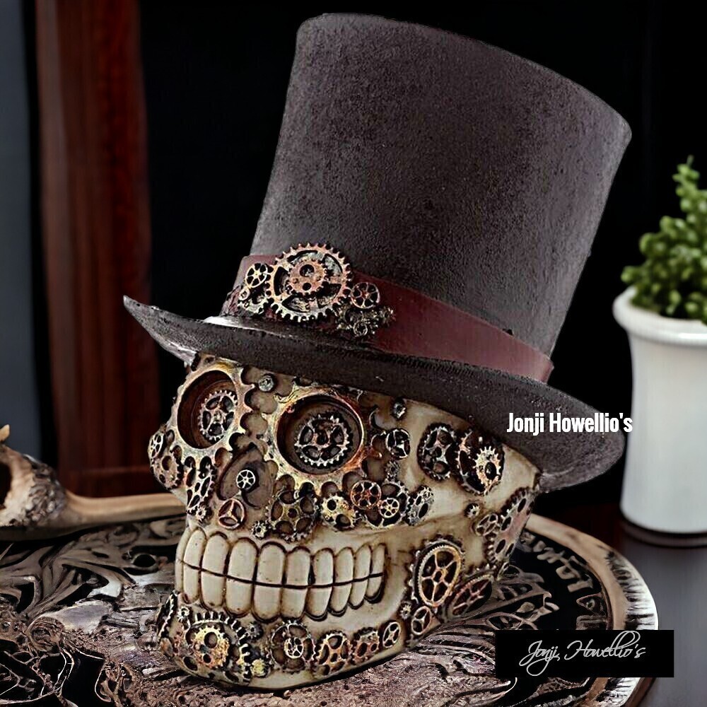 Steampunk Skull Top Hat Gothic Ornament Cogs Gears Rivets Pagan Wiccan Art Decor