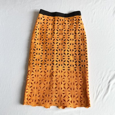 MSGM Milano Yellow Crochet Cutout Midi Skirt Black Accent Made in Italy Size 38