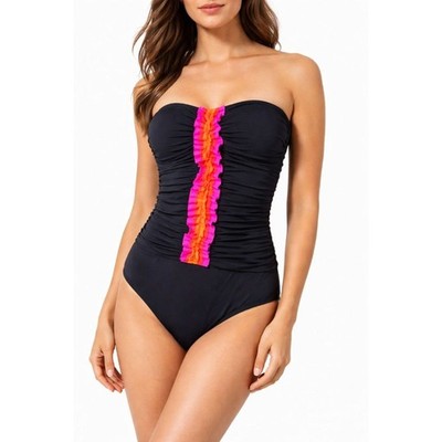 Bleu Rod Beattie Black NWT Strapless 1 Piece Swimsuit Size 8 Ruched Pink Orange