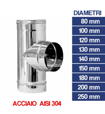 RACCORDO A T 90° TUBO IN ACCIAO INOX PER CANNA FUMARIA STUFA V/MISURE 10048V