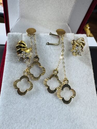 New 18K 750 Fine Yellow Real Gold Dangle & 14K Real Diamond Earring 2 Set 5.6grm - Picture 13 of 23