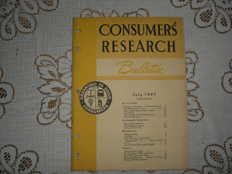 Consumers Research Bulletin - July 1947 - Power Lawn Mowers, Golf Balls, Mixer